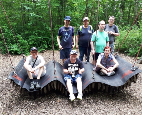 Auf einer breiten Schaukel, die aussieht wie ein fliegender Teppich und an acht Seilen befestigt ist, sitzen eine Frau und zwei Männer. Dahinter stehen eine weitere Frau und drei Männer. Die Schaukel befindet sich auf einem freien Platz im Wald.
