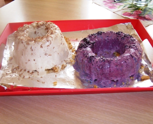 Ein weißer und ein violetter Gugelhupf aus Eiscreme liegen in einer flachen, roten Schale.