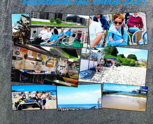 Eine Collage aus insgesamt acht Fotos, die sich teilweise überlappen. Unter anderem mit Bildern vom Strand und von der Schifffahrt.