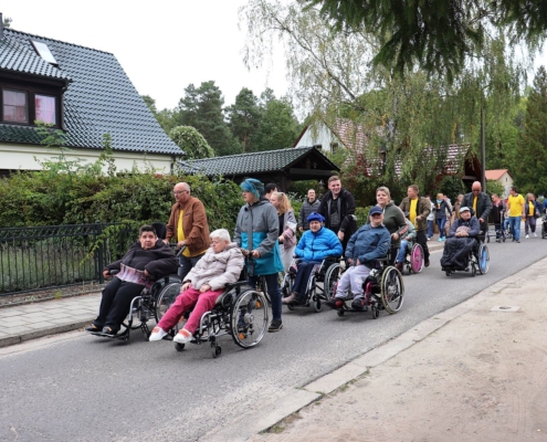 Auf der Straße des Dr.-Zinn-Weges läufen und rollen die Bewohnerinnen und Bewohner der Wohnstätte Sonnenhof, angeführt von sieben Rollifahrern mit ihren Begleitern der Deutschen Post. Alle sind warm angezogen. auf der linken Seite sind Einfamilienhäuser zusehen.