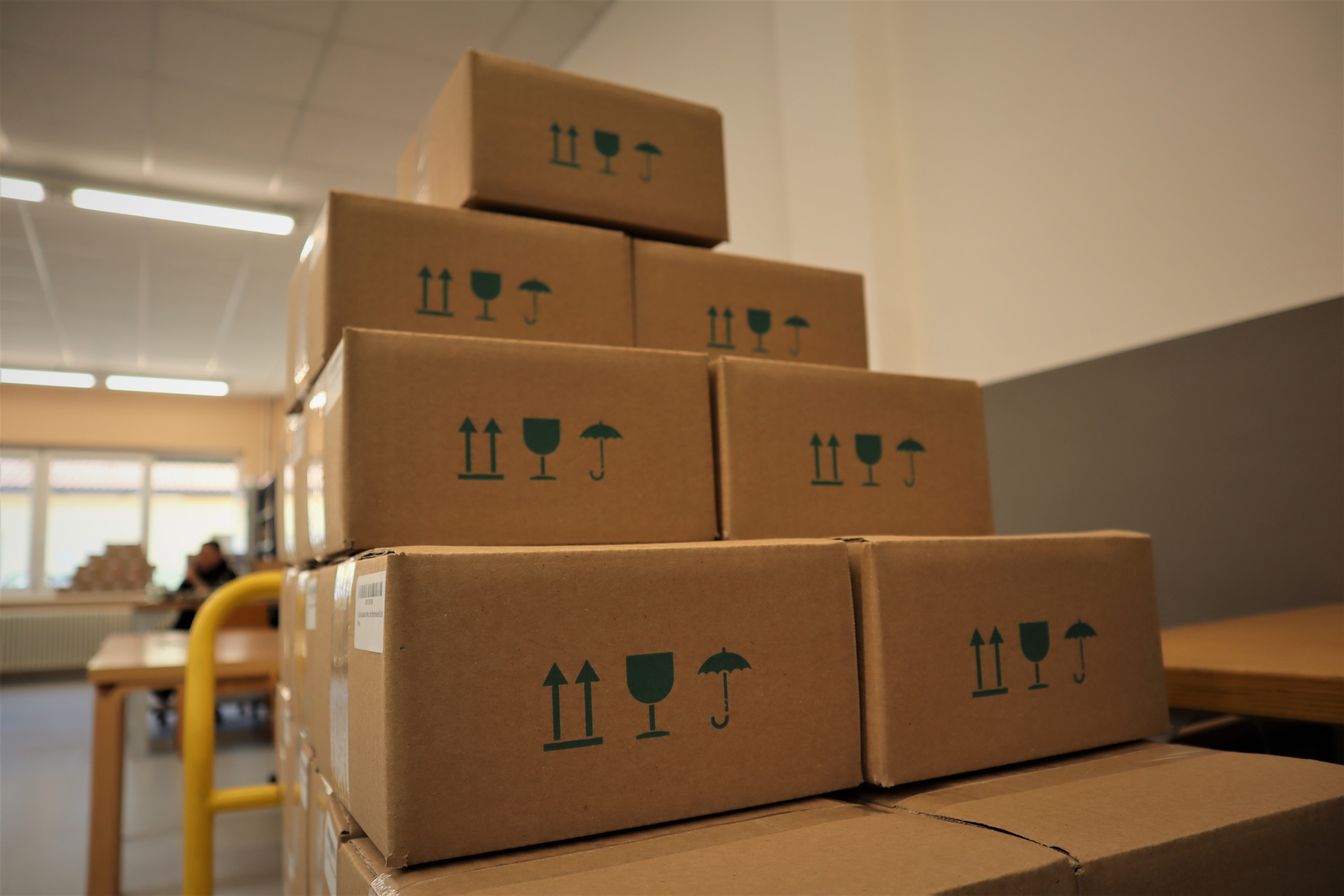 Bereit zum Versand Auf einem Transportwagen stehen mehrere große braune Kartons. Auf der Vorderseite sind verschiedene Symbole aufgedruckt.