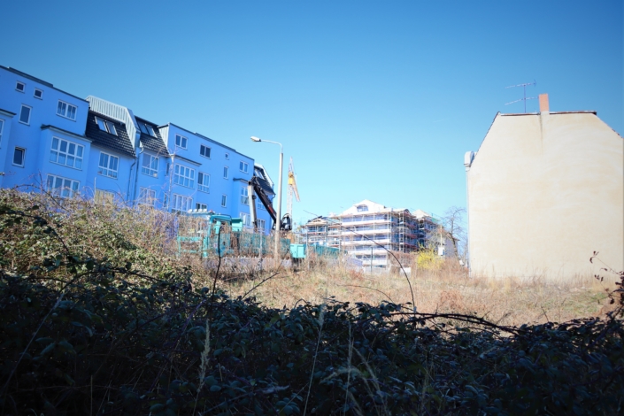 Baubeginn Raumerstraße – eine Baulücke wird geschlossen Die Baubrache von der anderen Seite. Im Vordergrund wächst an der Querseite Gestrüpp. Dahinter schließen sich die trockenen Gräser u Stauden an. Die obere Seite ist ebenfalls vom Giebel eines älteren Wohnhauses begrenzt. Auf der anderen Seite befinden sich bereits fertige Wohnhäuser und ein im Bau befindliches Gebäude.