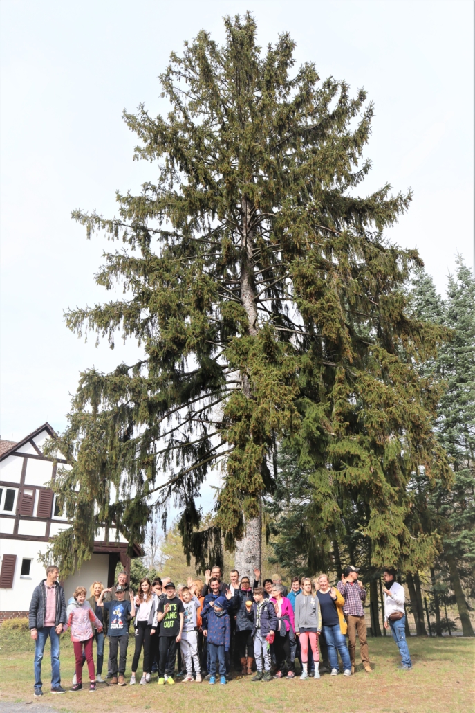 Vor und unter den Zweigen einer hohen Fichte haben sich die kleinen und großen Teilnehmerinnen und Teilnehmer am Frühjahrsputz im "Heidehaus" in mehreren Reihen zum Abschluss-Gruppen-Bild aufgestellt.